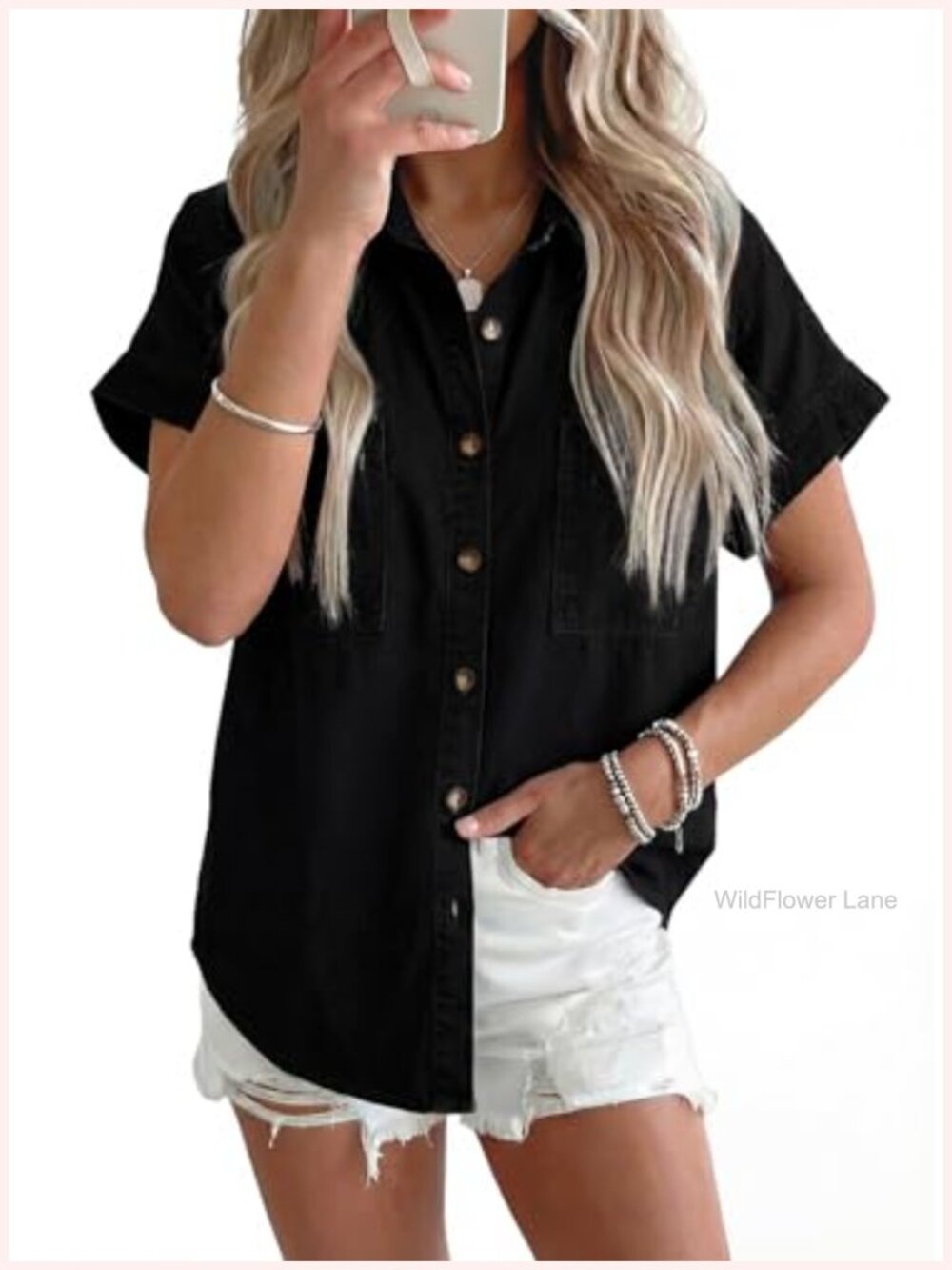 Women's Short Sleeve Denim Button Down Shirt Cotton Blend